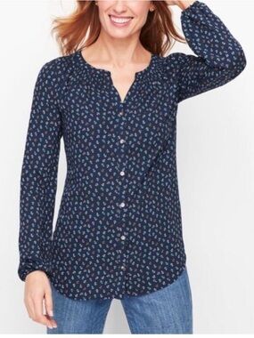 Talbots Navy Printed Button-Front Women's Top